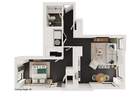 Floor plan for 1 bed, 1 bath, 637 sqft